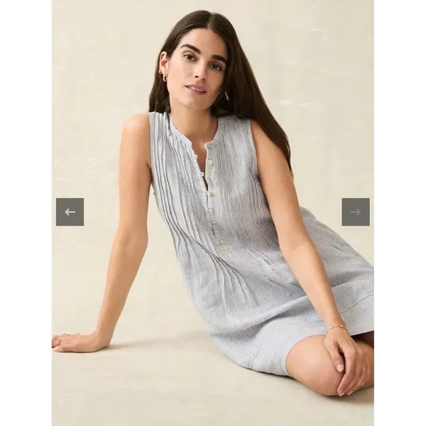 Faherty Isha Linen Dress Small Blue Stripe Pintuck Coastal Summer $178‎ - Image 2