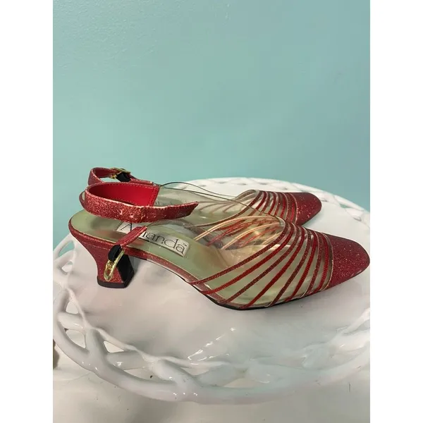 Vintage Amanda Cancun Red Glitter‎ Slingback Closed Toe Sp Occasion Heels Sz 7W - Image 3