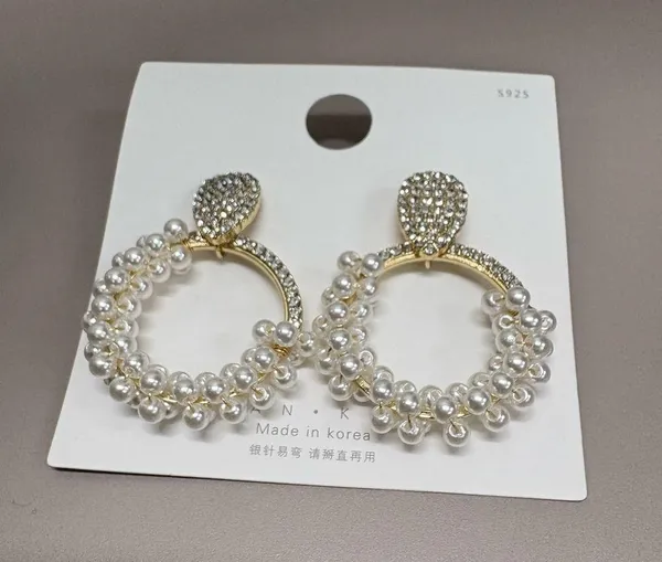 Sparkly Pearl Hoop Earrings Gold Rhinestone Teardrop Studs Elegant Statement new - Image 4