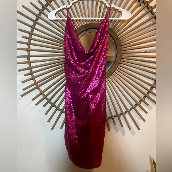 Selfie Leslie Saints & Secrets Miami Nights Cowl Neck Fuchsia Mini Dress Sequins Lace Up Prom - Image 5