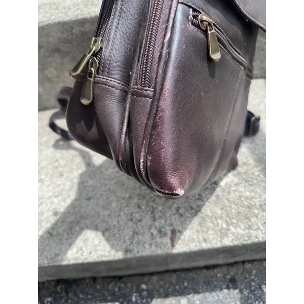 Davis King Vintage Dark Brown Patina Leather Mini Rucksack Flap Zipper Pockets - Image 6