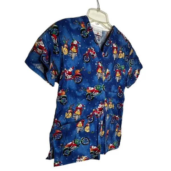 Peaches Uniforms Christmas Santa Motorcycle Scrub Shirt‎ - Image 4