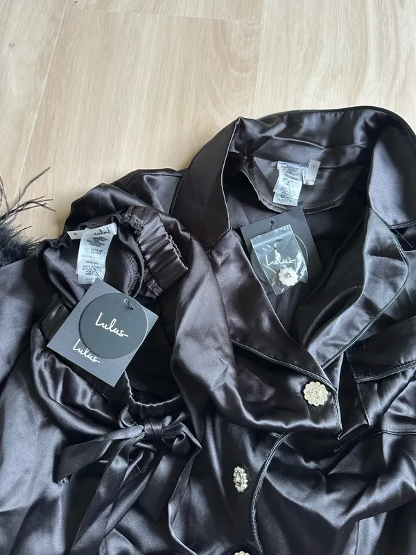 LULU’S Dreamiest Delight Black Satin Feather Two-Piece Pajama Set - Image 9