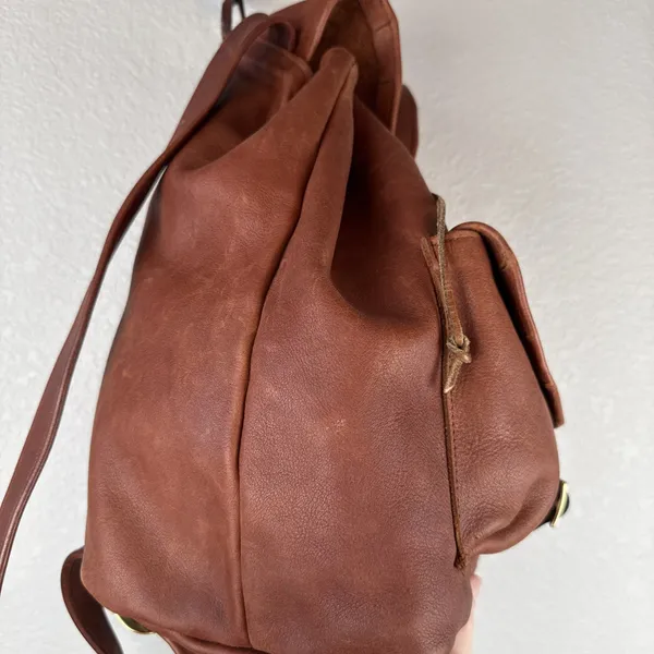 Vintage‎ Handmade Brown Soft Leather Flap Backpack Rucksack Country Boho Hippie - Image 3
