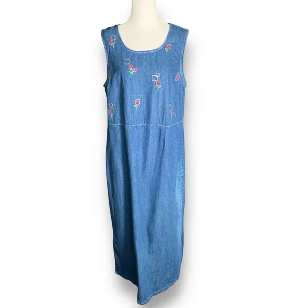 Vintage Denim Floral Pink Embroidered Jumper Dress Cottagecore Midi Romantic‎ - Image 3