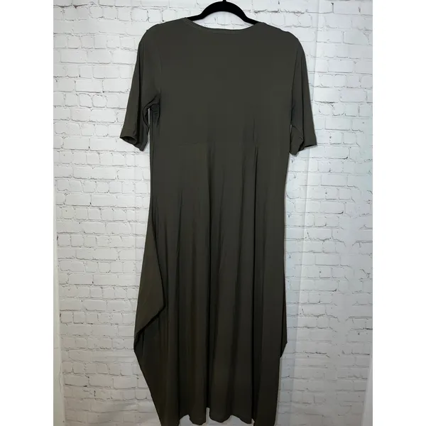 Bryn Walker Olive‎ Green Bamboo Jersey Lantern Hem Midi Dress Short Sleeve Small - Image 3