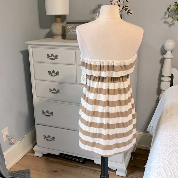 Forever 21 Strapless Oatmeal Taupe Striped Mini Dress Knit Beach Coverup Womens Small - Image 7