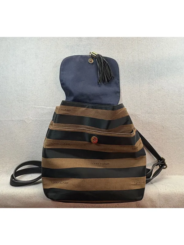 Tommy Hilfiger Striped Backpack Purse Brown Black Tassel Gold Tone - Image 4