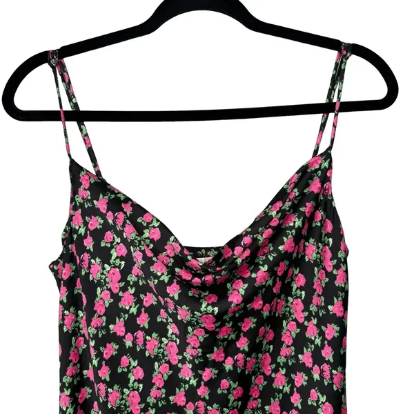 WAYF Floral Satin Slip Midi Dress Large‎ Black Side Slit Cowl Neck - Image 4