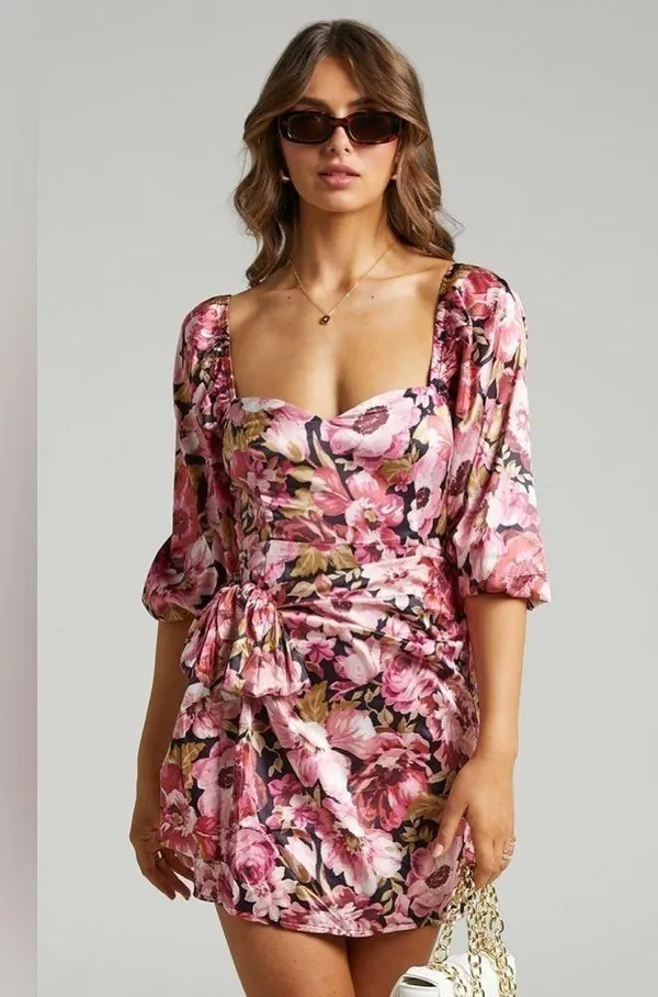 SHOWPO Chloie Puff Sleeve Drape Mini Dress In Boudoir Blooms - Image 5
