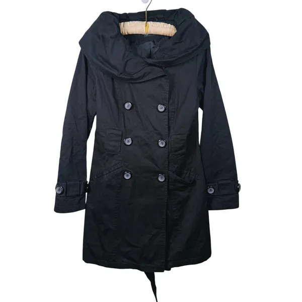 Louie Louie Double Breasted Belted Trench Coat Womens M Black Utility Scandi - Image 2