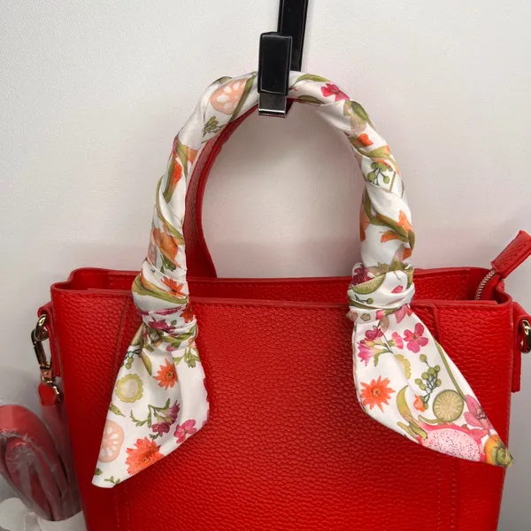 Red Pebbled Leather Tote Bag with Floral Scarf‎ Top Handle Detachable Strap - Image 6
