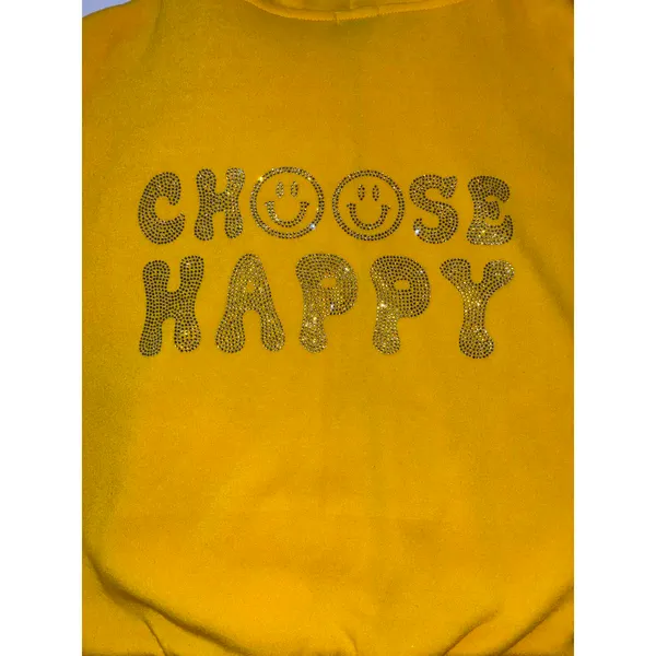 Yellow Rhinestone "Choose Happy" Pullover Hoodie Size XL - Image 3