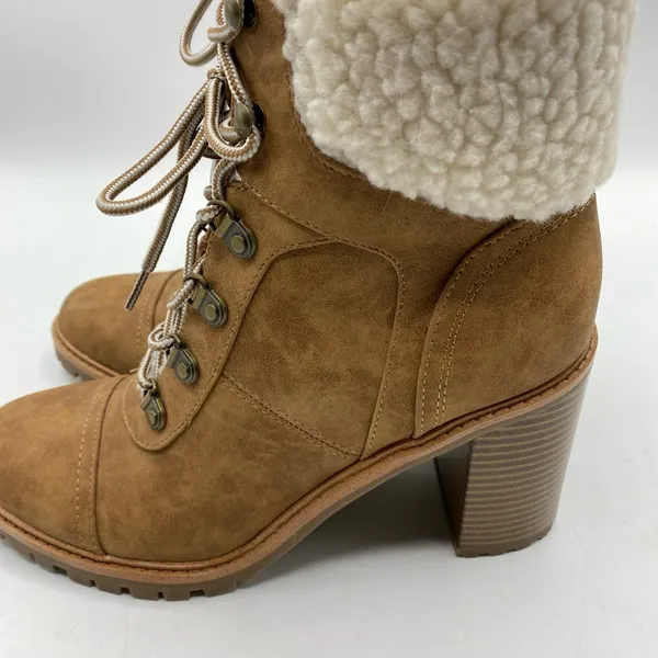 Chunky Heel Lace Up Faux Fur Lined Leather Boots 8.5 Nine West Brown Tan - Image 3