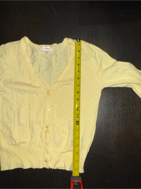 No Comment Yellow Pointelle Knit Cropped Cardigan Sweater V-Neck Button Boho - Image 5