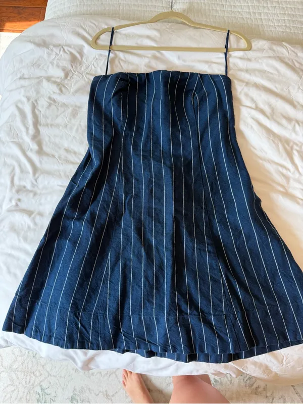 Navy Pinstripe Mini Dress | Denim Look Fit & Flare Dress - Image 2