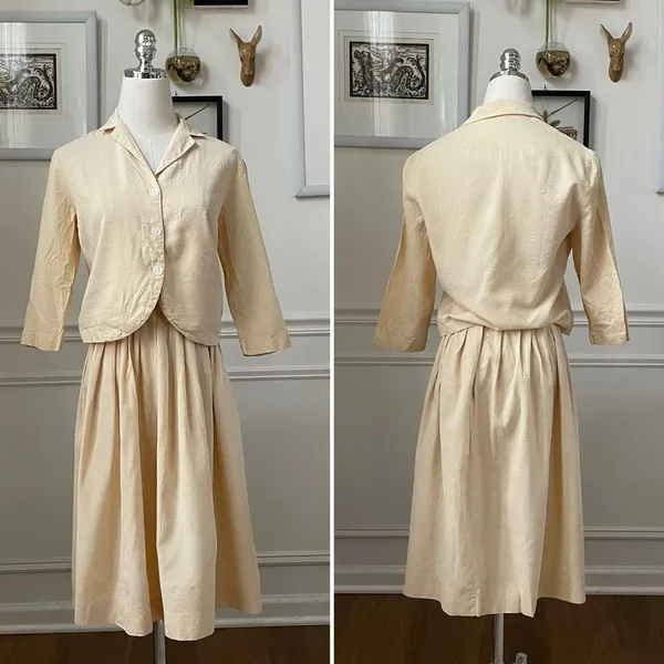 Vintage 50s Yellow Seersucker Stripe Blouse Skirt Outfit Mix and Match XS - Image 2