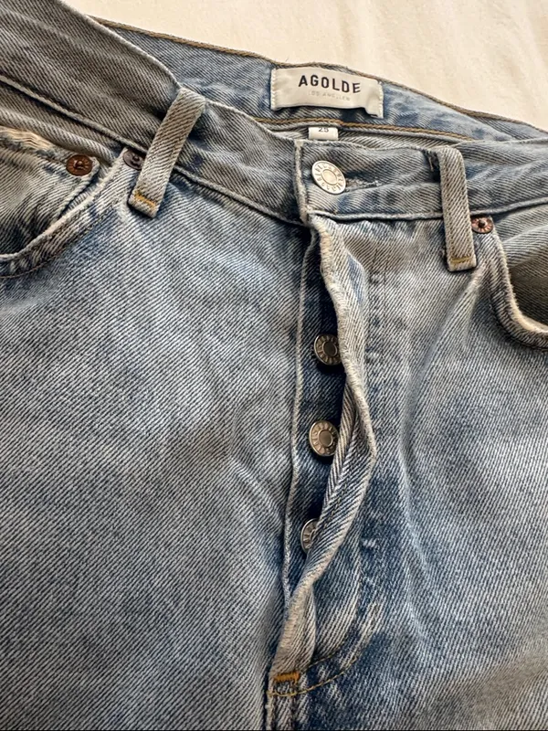 Agolde Light Blue Flare Jeans with Knee Rips - Image 3