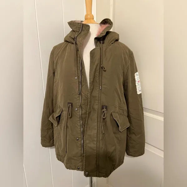 Moussy Utility Army Green Pink Fur‎ Military Patchwork Jacket Parka Size 2 - Image 2