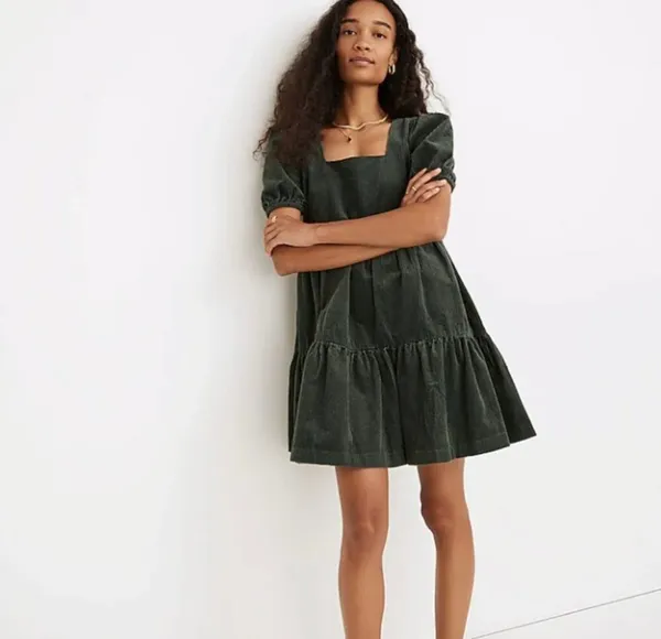 Madewell‎ Corduroy Tiered Babydoll Dress Womens Size 0 Green Puff Sleeve Cotton - Image 7