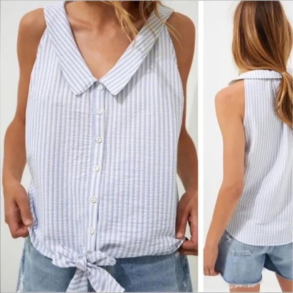Anthropologie pilcro striped button down‎ tie front blouse top Sz S - Image 2