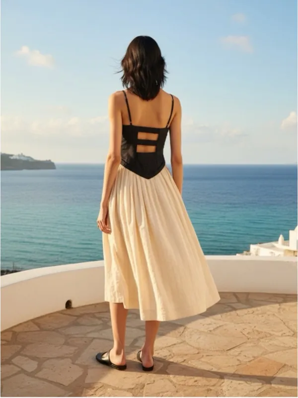 Free People Salvador Midi Dress Sz M Black Cream Embroidered Corset Back Detail - Image 2