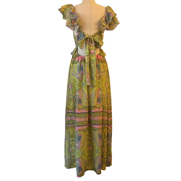 A Loves A Maxi Dress M Boho Ruffle Tie Back Cutout Paisley Wedding Resort‎ NWT - Image 3