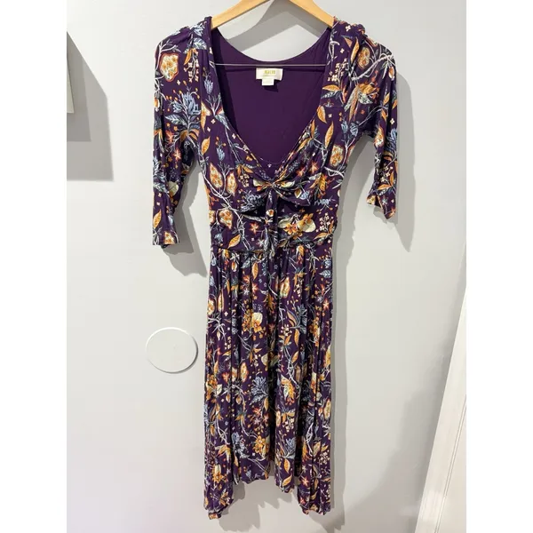 Maeve Anthropologie Empire Waist‎ Beloved Purple Floral Dress Midi Size XS Z - Image 3