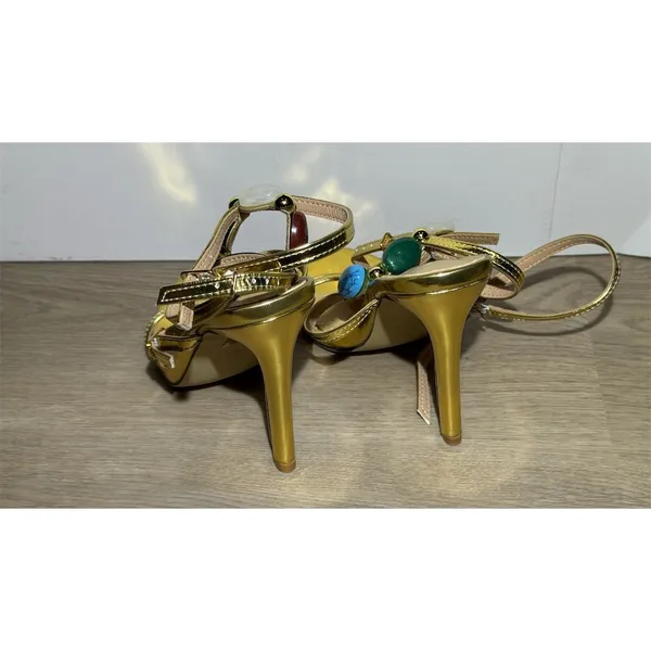 Cute formal Gold Strappy Stiletto Sandals Gemstone Beads Size 7 wedding prom - Image 4
