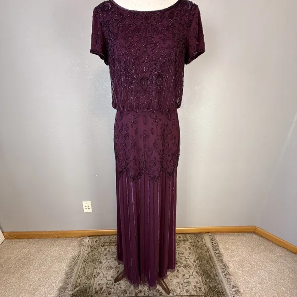 Adrianna‎ Papell Cassis Sequin Beaded Maxi Gown Dress Size 10 Plum Purple Gatsby - Image 2