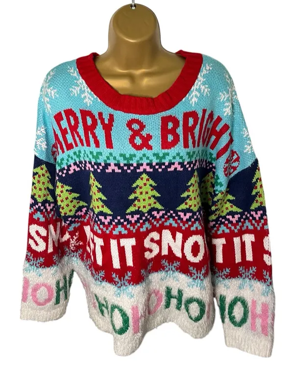 33 Degrees Oversized Ugly Christmas Sweater Fuzzy Knit Graphic Multicolor M - Image 2