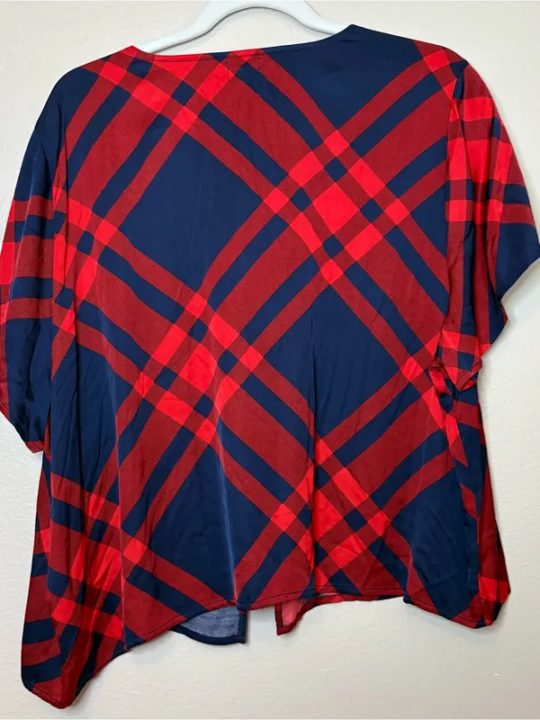 Aerie Off-Duty Satin Tie Front Shirt in a red blue plaid pattern large casual - Image 4
