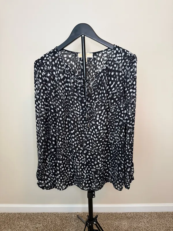 Michael Michael Kors Black & White Abstract Dot Tie-Neck Long Sleeve Blouse Size L - Image 3