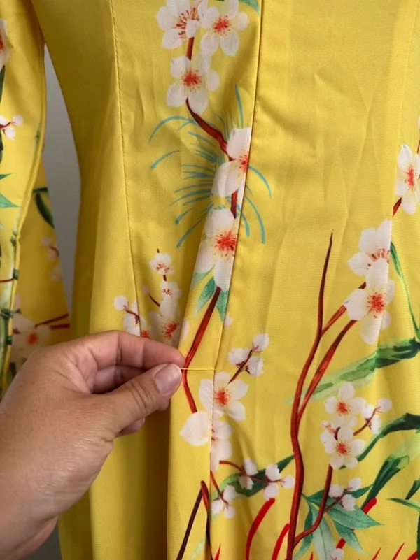 Ao Dai Silk Yellow Floral Dragon Print Long Sleeve Maxi Dress Size M - Image 5