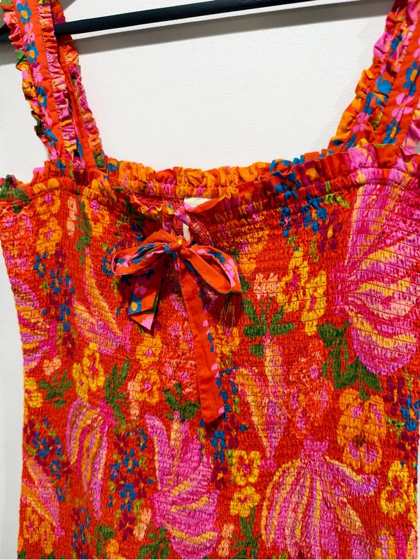 FARM Rio Floral Smocked Mini Dress Ruffle Tie Crochet Hem Large L - Image 3