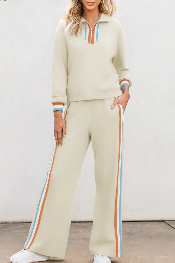 JODIFL Striped Detail Quarter-Zip Pullover and Straight Leg Sweatpants Matching Set Cream Multi - Image 3