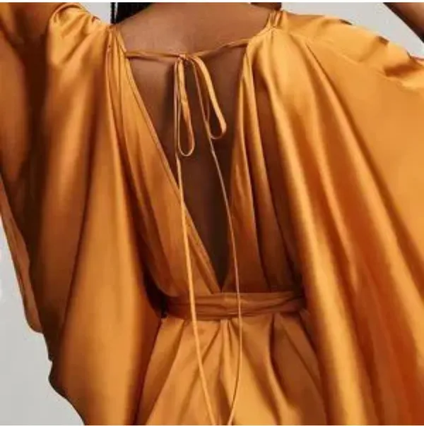 Anthropologie Dress Kaftan Satin Tie Front Gold - Image 7
