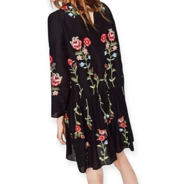Zara Embroidered‎ Bird & Floral Black Shift Dress Cottagecore Bohemian Sz Small - Image 3