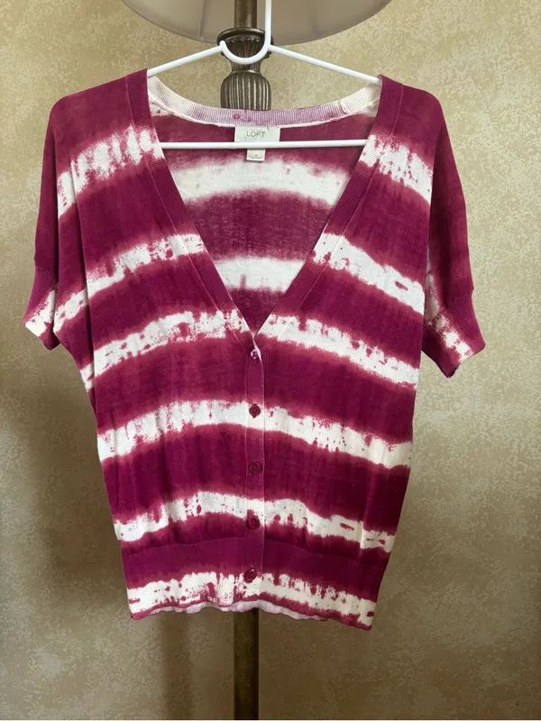 LOFT Light Cotten Short Sleeve Tie-Dye Cardigan Sweater in Pink & White - Image 2