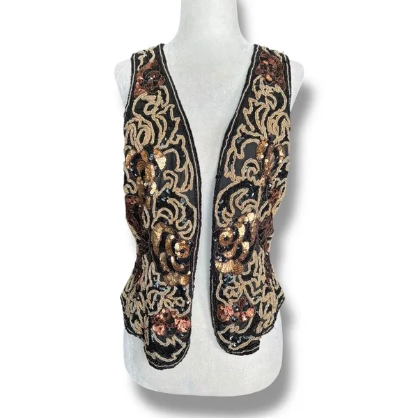 Vintage 90s‎ Black Tie Silk Beaded Metallic Sequin Open Front Vest Gold Bronze - Image 2