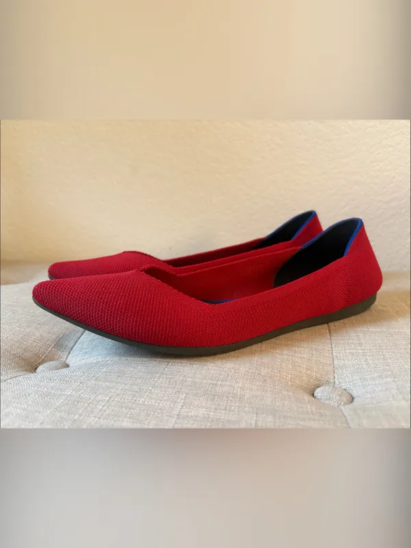 Rothy's Red Pointed Toe Knit Flats with Blue Trim size 9 - Image 7