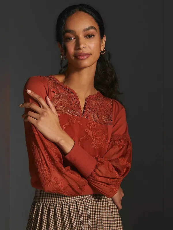 Anthropologie Tiny Noah Embroidered Lace Blouse Burnt Orange XS - Image 4