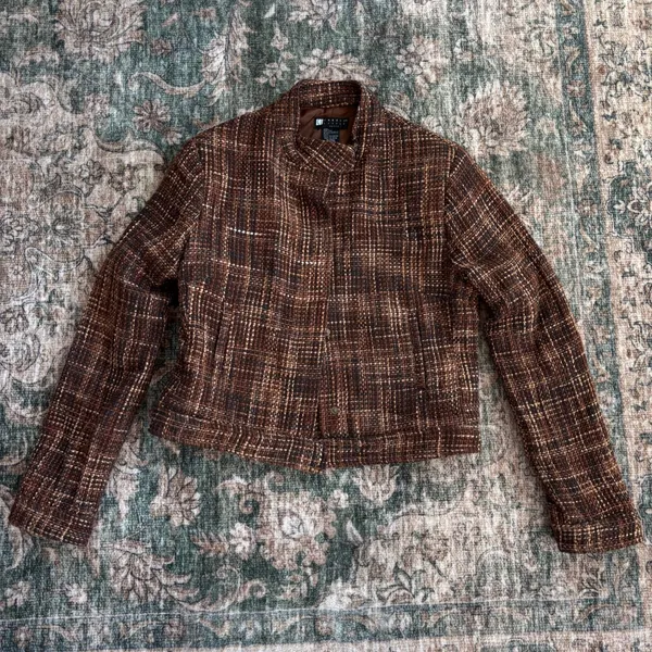 90s Vintage Carole Little Silk Tweed Mock Neck Crop Jacket Brown Petite Small - Image 4