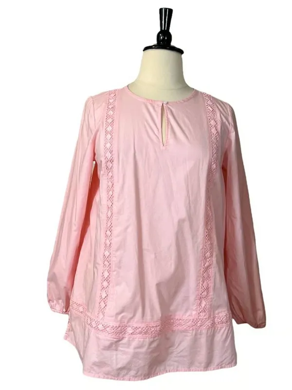 Lands’ End Pink Long Sleeve Lightweight Lace Eyelet Trim Cotton Tunic Top - Image 2