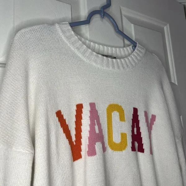 Show me your Mumu Sweater White Cropped Knit Vacay Varsity Crop Graphic Colorful - Image 3