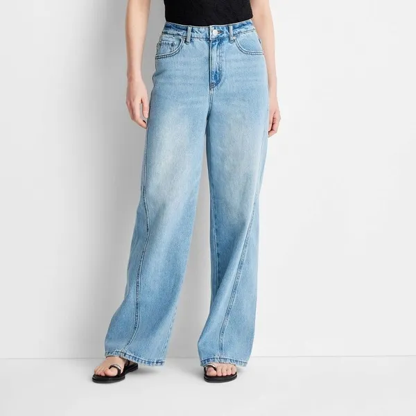 Future Collective 4 Jeans Wide Leg Slouchy High Rise Front Seam Light Wash Blue - Image 2