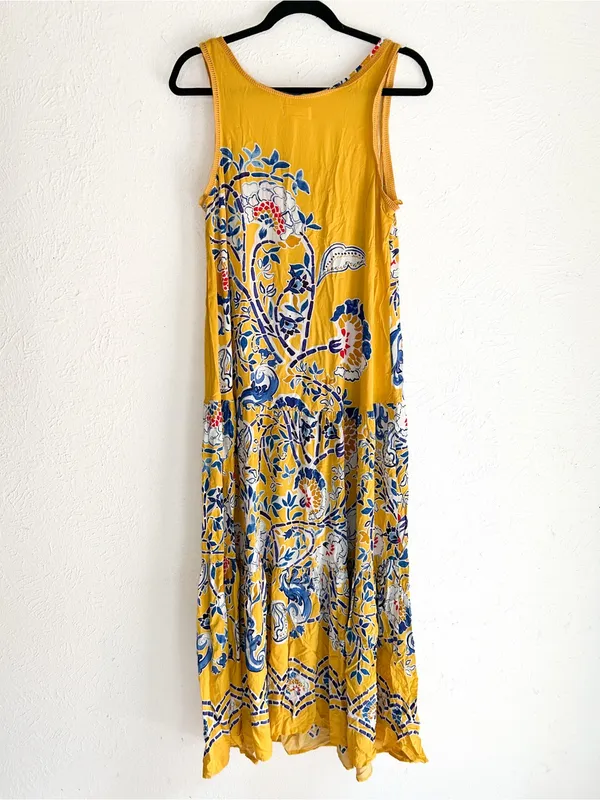 Anthropologie Maeve Puebla Printed Tiered Maxi Dress Yellow Blue Medium - Image 5