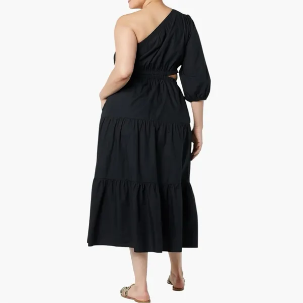 The Drop One Shoulder Cut-Out Tiered Midi Dress Large - Image 4