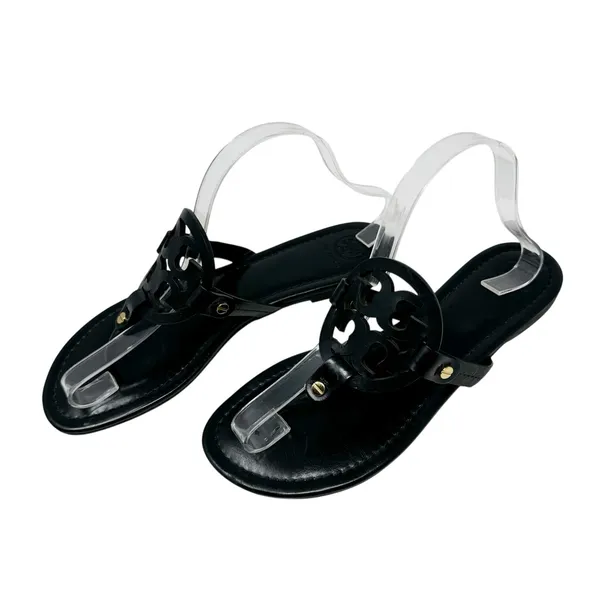 Tory Burch Miller Sandal Black Leather Logo Medallion Thong Flat Size 9.5 - Image 3