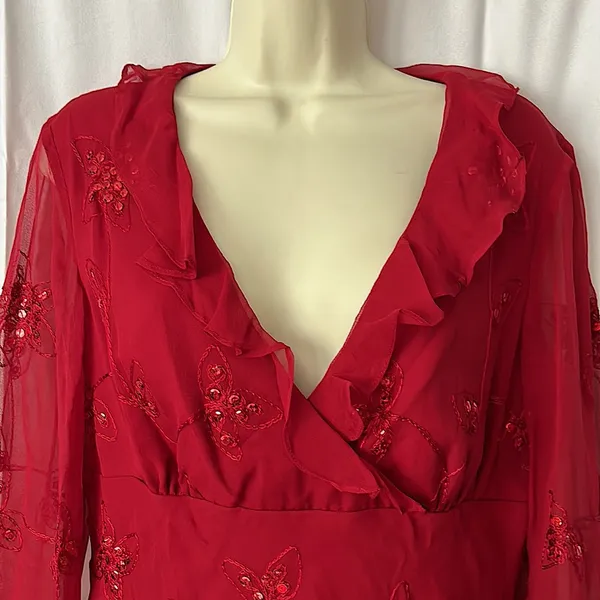 Silkland Gorgeous 💯% Silk Flutter Sleeves Red Sequin Shirt Top **Size L** 🔥🔥 - Image 3